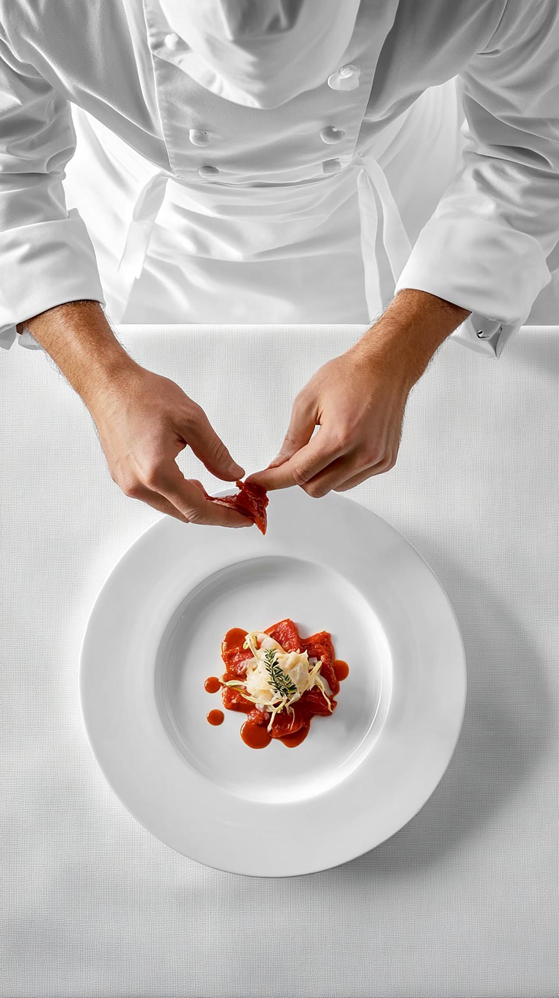 Chef arranging plated dish in luxury kitchen